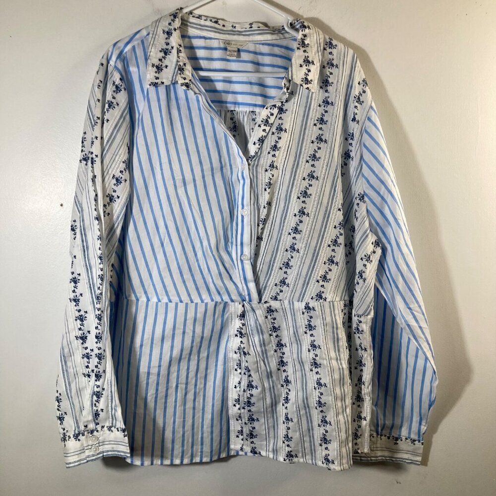 Womens Cato Floral Striped 1/2 Button Peplum Shirt White Blue 26/28W Cotton